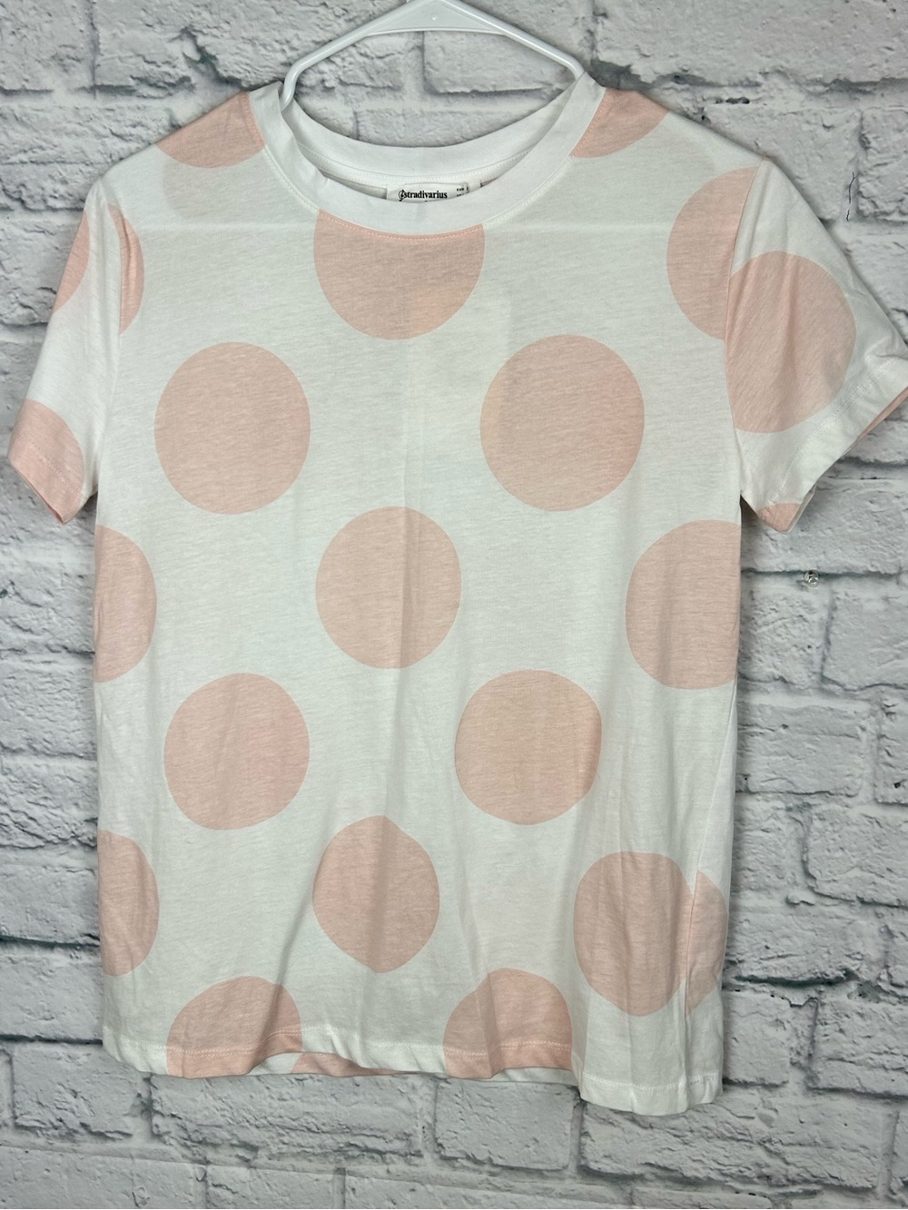 Stradivarius Organic Cotton Polka Dot Tee White Blush Pink Short Sleeve NWT S